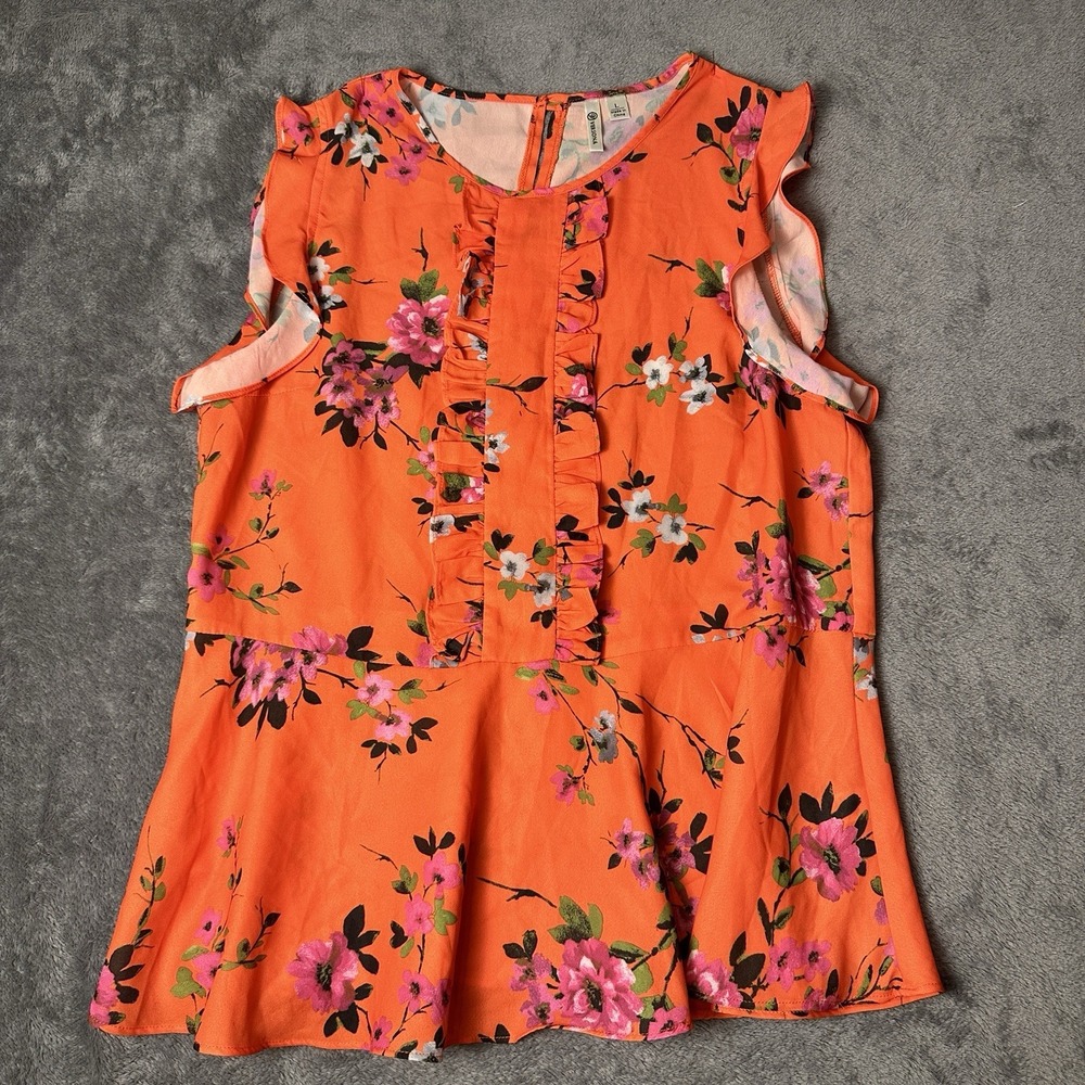 Versona Women's Blouse‎ Top Orange Pink Floral Short Flutter Sleeve Pullover L